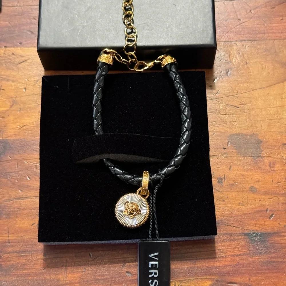 Versace Bracelet w/Medusa on Leather Braided Cord NWT